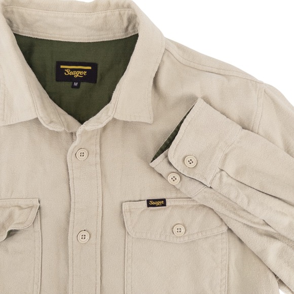 Seager Men's Medium Calico Flannel Long Sleeve Shirt Beige Tan Pockets Western - Picture 1 of 8